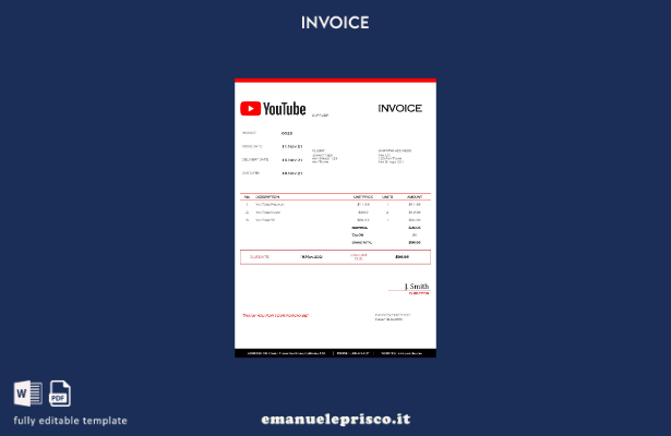 modello di fattura Youtube USA in stile verificato